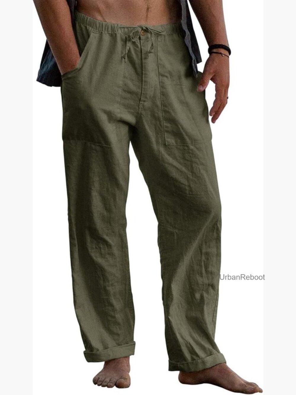 Mens Linen Pants Elastic Waist Drawstring Loose Fit Casual Summer Beach Pants